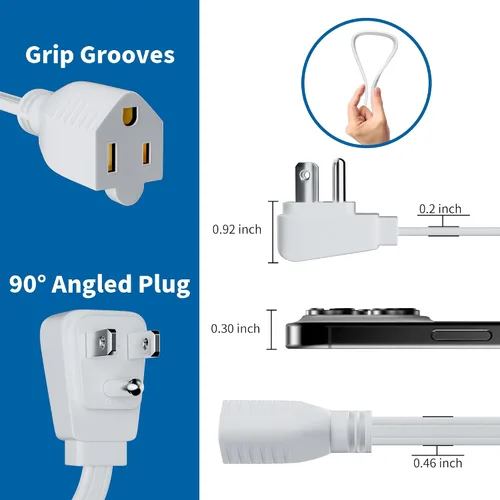 Vista 2 de Adoreen Cable de extensión de alimentación de electrodomésticos planos de calibre 14/3 de 3 pies, color blanco, enchufe plano de 3 clavijas, cable