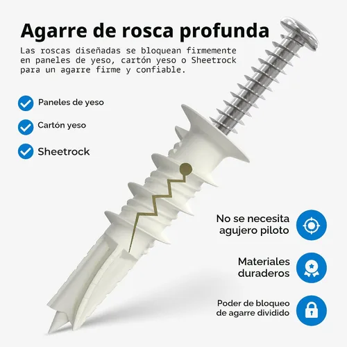 Vista 4 de Anclajes plásticos autoperforantes para paneles de yeso con tornillos #8, no requiere preparación de agujeros, soporta hasta 75 libras (10 unidades)
