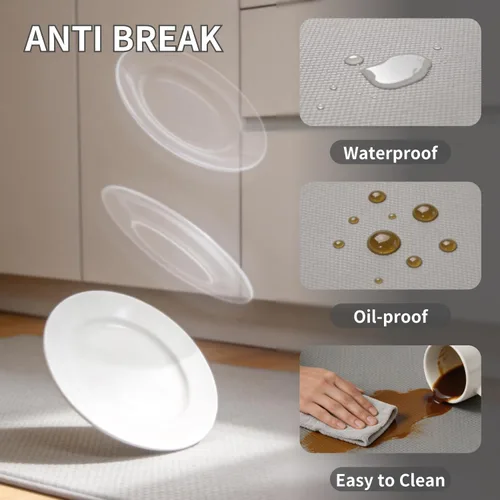 Vista 4 de Tapete de cocina de PVC de alta calidad con diseño geométrico, resistente antifatiga y antideslizante, para fregaderos y estufas, negro y gris