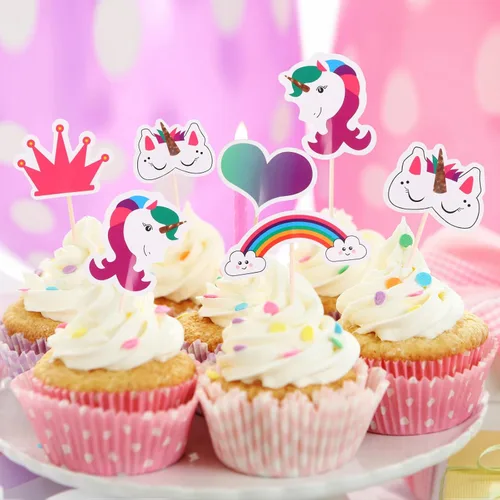 Vista 5 de CCINEE 48 piezas de decoración de unicornio arcoíris para cupcakes de papel de doble cara de unicornio para decoración de postres de fiesta