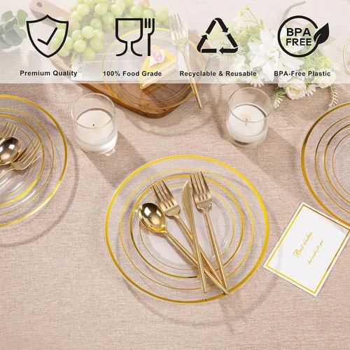 Vista 5 de I00000 100 piezas de pequeños platos de postre de oro transparente, platos desechables transparentes con borde dorado de 7 pulgadas, platos pequeños