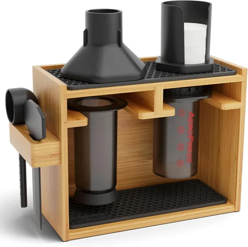 Vista 8 de HEXNUB Soporte organizador compacto AeroPress, organizador de café de bambú para cafetera AeroPress, accesorios, filtros, tazas, incluye