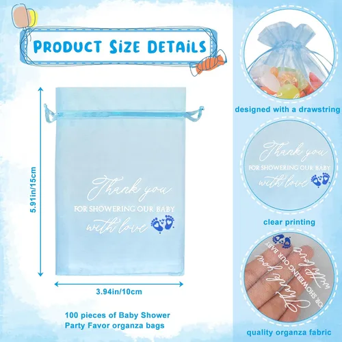 Vista 5 de Jspupifip 100 bolsas de regalo de agradecimiento para bebé, bolsas azules de 4 x 6 pulgadas, organza transparente, a granel para invitados