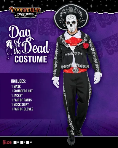 Vista 2 de Spooktacular Creations Conjunto de disfraz para hombre del Día de los Muertos, Mariachi Senor para adultos, fiesta de disfraces de Halloween, Día