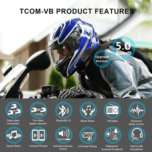 Vista 2 de FreedConn Auriculares Bluetooth para motocicleta TCOM VB - Altavoces para casco de motocicleta, 3 riders Paring 800M 2 Riders Talking Helmet