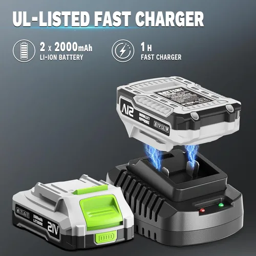 Vista 2 de Soplador de hojas inalámbrico con baterías de 2 x 2.0 Ah y cargador rápido Soplador eléctrico ligero de 21 V, soplador portátil alimentado por