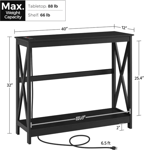 Vista 3 de Yaheetech Mesa consola con tomas de corriente y puertos USB, mesa de entrada con estantes de almacenamiento, mesa de sofá estrecha larga con diseño