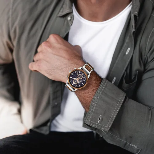 Vista 2 de Relojes de madera para hombre, cronógrafo de cuarzo multifuncional y reloj de pantalla de fecha para hombre, reloj de pulsera de madera hecho a