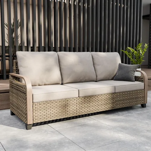 Vista 5 de Sofá de mimbre para patio, sofá para exteriores, 3 asientos Marrón/Gris