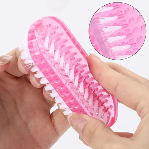 Vista 4 de Cepillos de limpieza de uñas de plástico para uñas de 2 caras, cepillo antideslizante para uñas, paquete de 4 (rosa y morado)