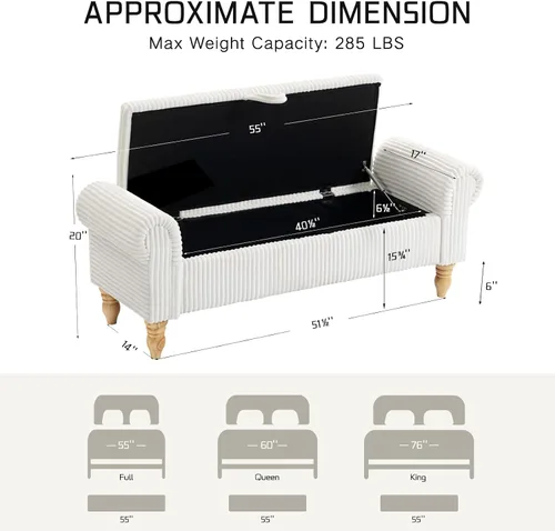 Vista 2 de Banco tapizado de pana de 55 pulgadas con brazos enrollados para dormitorio, color blanco