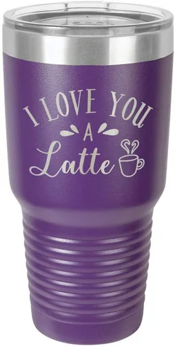 Vista 18 de Taza de viaje de acero con recubrimiento de polvo grabado con láser, con texto en inglés "I Love You A LATTE Engraved Tumbler", sin BPA