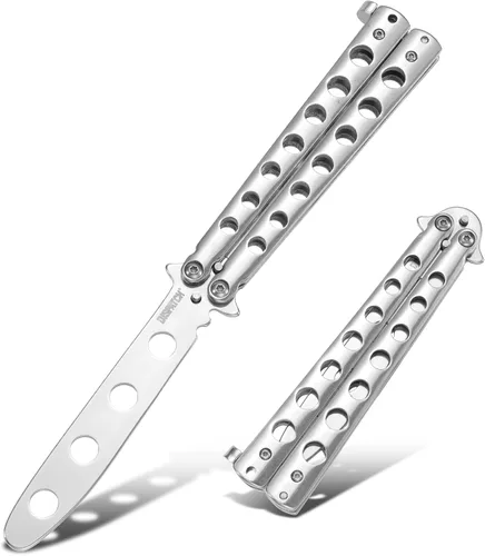Vista 11 de Dispatch Cuchillo mariposa de entrenamiento Balisong sin afilar con hoja de acero inoxidable, mango 3Cr13 negro (con recortes) y traba