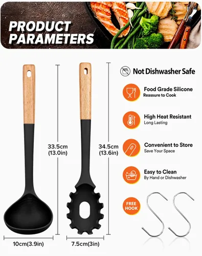 Vista 2 de Juego de tenedor y cucharón para pasta, perfecto para servir sopa caliente, remover y salsa de pasta, silicona mate libre de BPA, cuchara