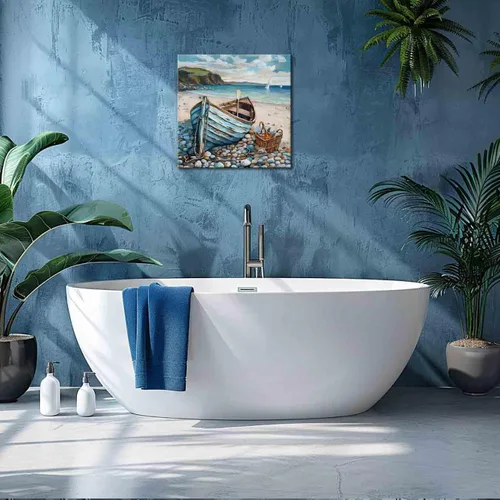 Vista 2 de Decoración de baño, arte de pared de playa, tema oceánico, imagen azul, impresión en lienzo, obra de arte costera moderna, enmarcada para colgar