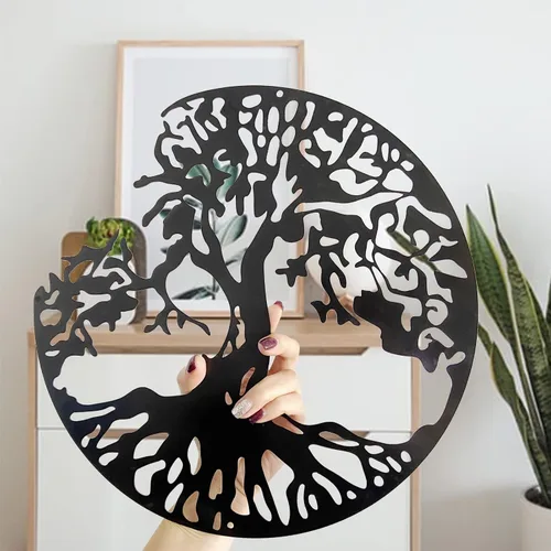 Vista 4 de Arte de pared de metal con árbol de la vida, escultura de pared de árbol genealógico, arte de pared moderno para sala de estar, jardín, oficina