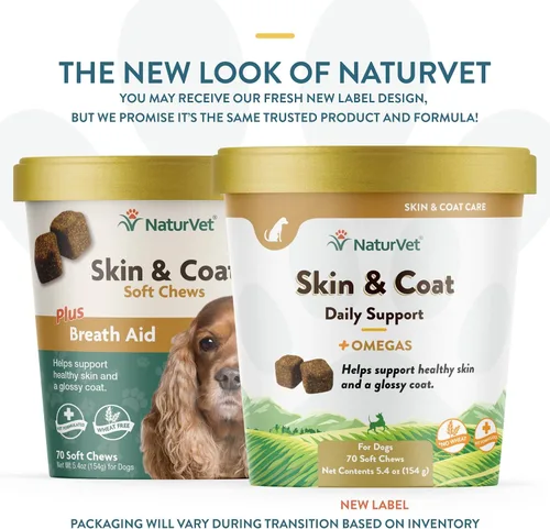 Vista 2 de NaturVet Skin and Coat Plus Aliento para perros, 70 unidades masticables suaves, fabricados en los Estados Unidos con ingredientes de origen mundial