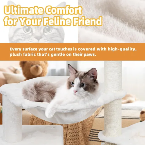Vista 4 de ROYPET Árbol para gatos con condominio para gatos y dos hamacas, torre para gatos con postes rascadores y almohadillas para rascar, color beige