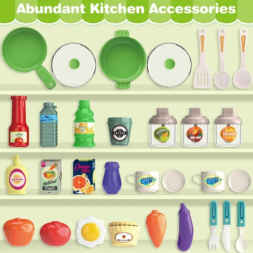 Vista 2 de Juego de cocina, juego de cocina para niños con sonido y luz realista, estufa de cocina, fregadero, comida de juego y accesorios, 57 piezas