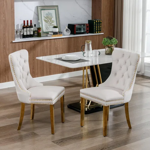 Vista 6 de Juego de mesa de comedor de mármol para 4, mesa de cocina rectangular de mármol negro de 68 pulgadas con base en H de acero inoxidable dorado, juego