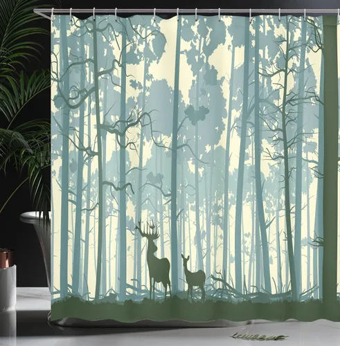Vista 3 de Ambesonne Cortina de ducha con diseño de ciervo, silueta de animales del bosque brumoso en la naturaleza, diseño de dibujos animados, decoración