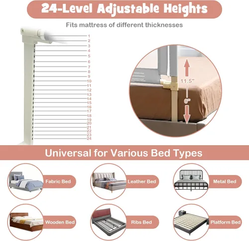 Vista 4 de BABY JOY Riel de cama para niños pequeños, 77 pulgadas, extra largo, altura ajustable y plegable, protector de riel de cama de bebé con malla Gris