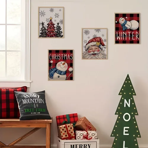 Vista 3 de XYDEG Conjunto de 4 Impresiones de Arte Navideño para Pared, Impresiones Navideñas, Hola Invierno Vintage Santa Navidad Muñeco de Nieve Búfalo