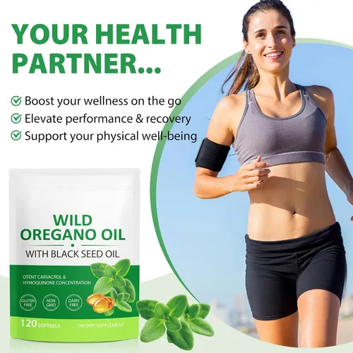 Vista 3 de Cápsulas blandas de aceite de orégano silvestre con aceite de semilla negra, 6,000 mg por porción, 120 cápsulas, a base de plantas, sin OMG y alto