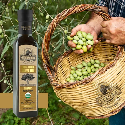 Vista 8 de Ellora Farms, Aceite de oliva virgen extra orgánico, griego rastreable, alto contenido de fenoles prensado en frío, Kosher, botella de vidrio