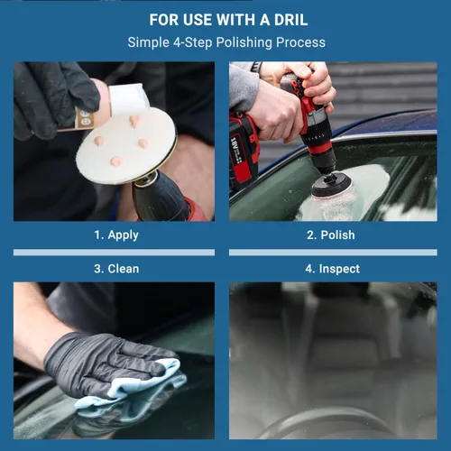 Vista 5 de Glass Polish DIY 3” (75mm) Kit de pulido para parabrisas para restauración de vidrio de auto, elimina daños por las escobillas, arañazos finos