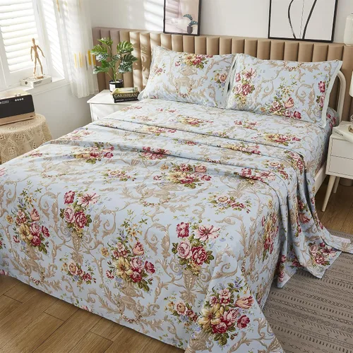 Vista 2 de ABREEZE Juego de sábanas de algodón egipcio tamaño individual (1000 hilos) floral y fundas de almohada (4 piezas), sábanas de algodón egipcio