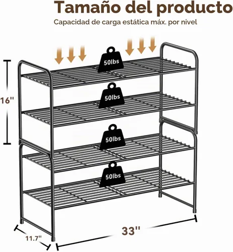 Vista 3 de Zapatero estándar de 2 niveles de 32.5 pulgadas de ancho, organizador de zapatos independiente para interiores y exteriores, estante de metal Negro