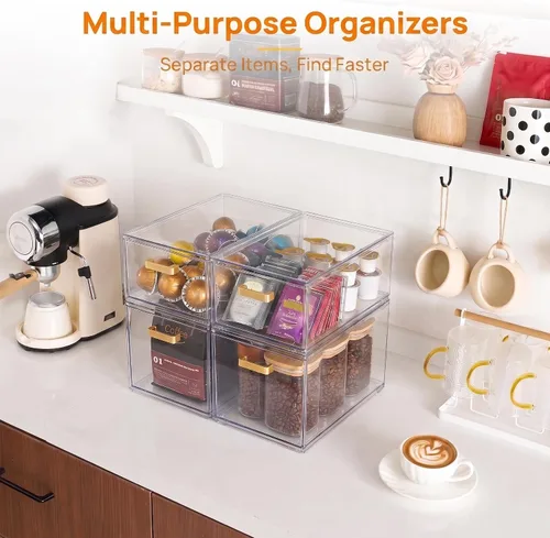 Vista 7 de LALOBLUE Organizador de cajones apilable transparente, paquete de 4 cajones de almacenamiento de acrílico con diseño extraíble, organizador que