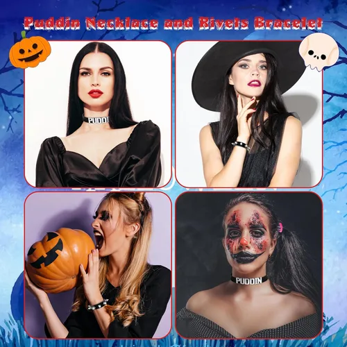 Vista 3 de YANCHUN Gargantilla Puddin para mujer, pulsera de cuero con pinchos, accesorios de disfraz de Halloween