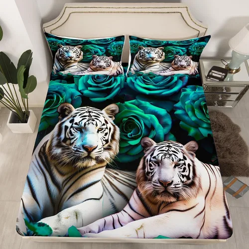 Vista 27 de Erosebridal Juego de sábanas bajeras de rosas rojas y leopardo, tamaño individual, diseño de animales africanos salvajes, diseño de plantas