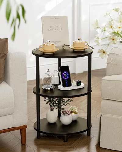 Vista 7 de Mesa auxiliar redonda pequeña, mesa decorativa ovalada de 3 niveles para espacios pequeños, mesita de noche de madera rústica y metal para sala