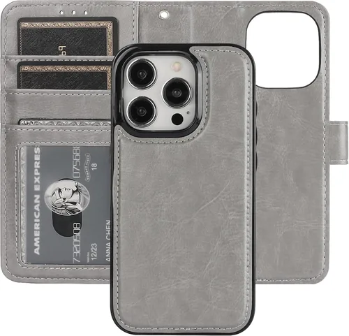 Vista 15 de Bocasal Funda tipo cartera desmontable para iPhone 15 Pro con bloqueo RFID, ranuras para tarjetas, soporte de cuero PU premium magnético con soporte