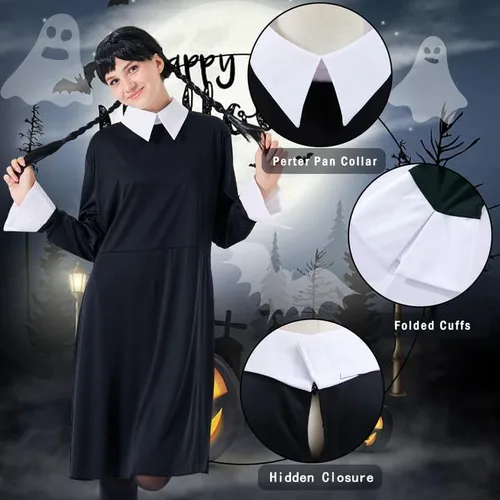 Vista 6 de Party Talk Wednesday Addams Dress for Women Girls, Halloween Costumes Cosplay Long Sleeve Peter Pan Collar Addams Family