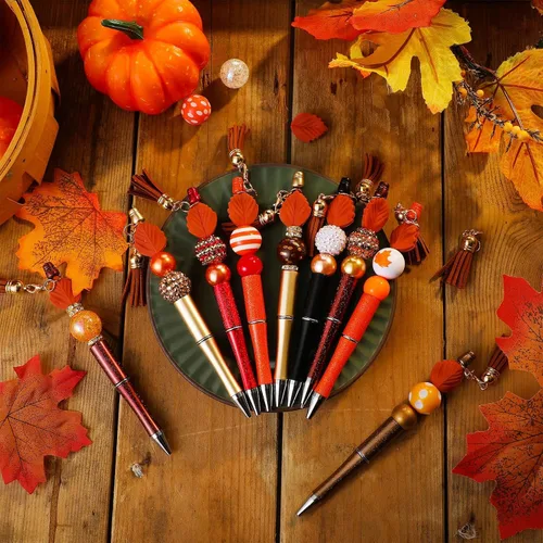 Vista 2 de Teling 12 juegos de plumas de cuentas para otoño con motivo de Acción de Gracias, bolígrafos esféricos de otoño con cuentas para manualidades