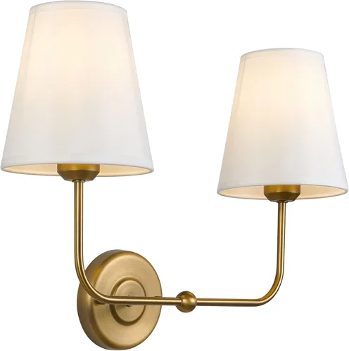 Vista 3 de Aplique de Pared de Doble Luz con Pantallas Cónicas de Tela Blanca, Aplique de Latón Antiguo de 2 Luces para Tocador de Baño, Pasillo, Escalera