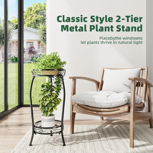 Vista 2 de Simple Trending Soporte para plantas para interiores y exteriores, estante redondo alto para plantas, soporte de metal de 2 niveles para maceta