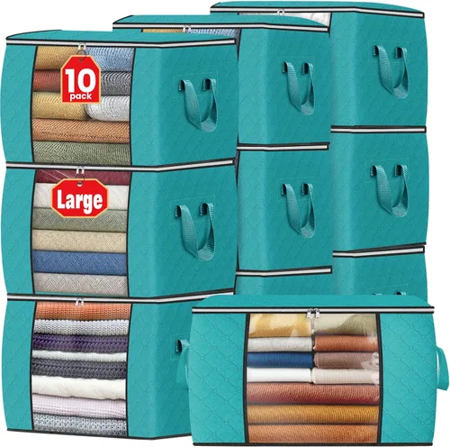Vista 29 de Fab totes Paquete de 3 bolsas de almacenamiento plegables de tela gruesa, contenedores para organizar dormitorio, armario, ropa, edredón, Beige