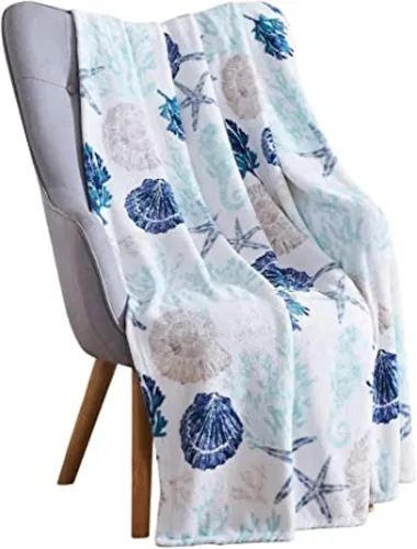 Vista 10 de Manta Decorativa para Decoración del Hogar Vida Oceánica Costera: Suave Felpa de Terciopelo Polar Tonos Calmantes de Azules, Verdes, Beige sobre