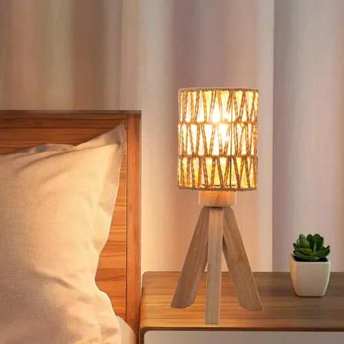 Vista 6 de Lámpara de mesa con trípode regulable, pequeña lámpara bohemia de mesita de noche para dormitorio con pantalla de tela de ratán, bonita lámpara