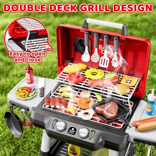 Vista 2 de Juguetes de cocina para niños, juego de parrilla BBQ para niños, juguete de barbacoa de 2 niveles con ruedas, sonido de humo y luz, juego