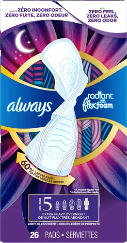 Vista 12 de Always Radiant Toallas Femeninas para Mujeres, Toallas Flexfoam con Alas, Tamaño 5, Absorción Extra Fuerte para la Noche, Ligeramente Perfumadas, 26