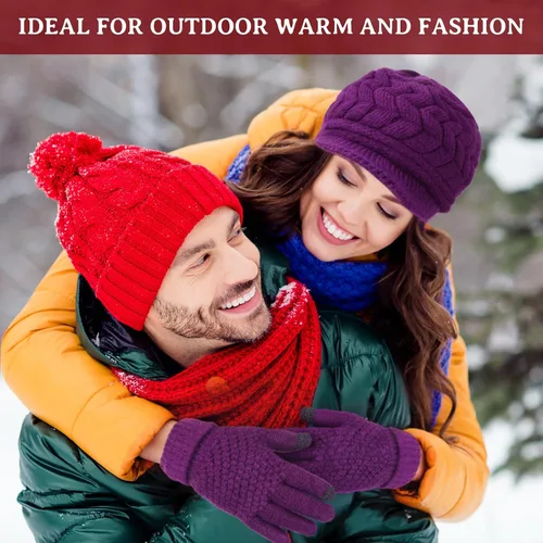 Vista 28 de SATINIOR Juego de 4 gorros y guantes de invierno para mujer, gorro de punto cálido, gorro de esquí de nieve con visera y guante para pantalla rojo