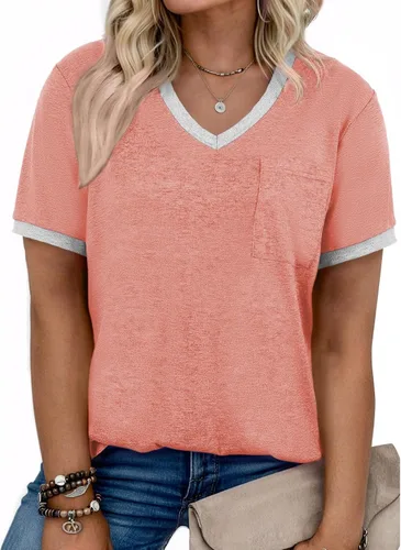Vista 24 de Eytino Blusas de talla grande para mujer, cuello en V, manga corta, a rayas, casual, holgada, con bolsillo (1X-5X)