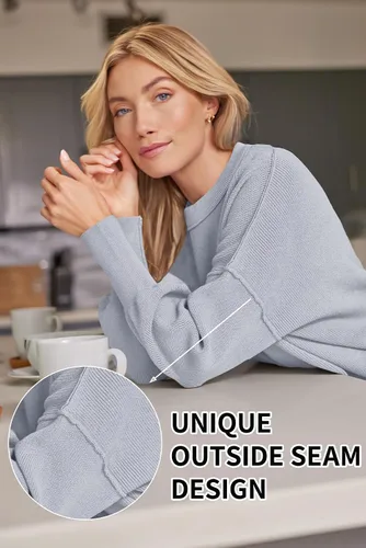 Vista 76 de Lillusory - Suéter extragrande con mangas de murciélago y cuello redondo para mujer, prenda moderna de otoño de tejido de punto sin botones