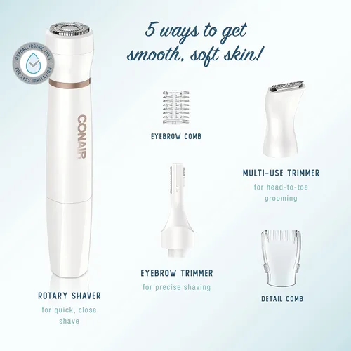 Vista 2 de Conair Depilación facial todo en 1 para mujeres, recortadora eléctrica inalámbrica, perfecta para cara, orejas/nariz, cejas y líneas de bikini